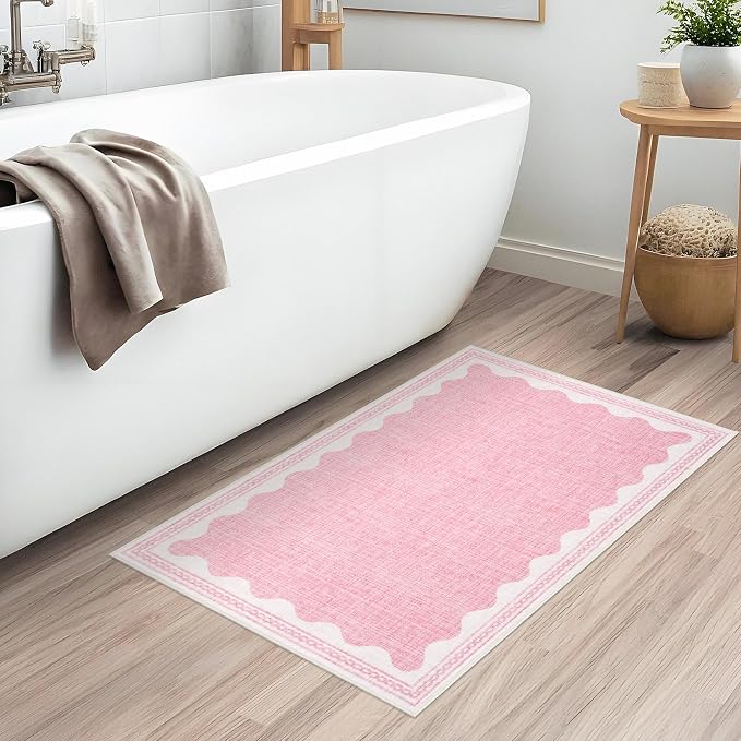 2x3 Scalloped Area Rugs Pink Washable Entryway Bedroom Rug | Solid Small Area Rug Non Slip Scalloped Bath Mat, Front Door Mat Indoor Entrance,Soft Girls Nursery Dorm Carpet for Kitchen