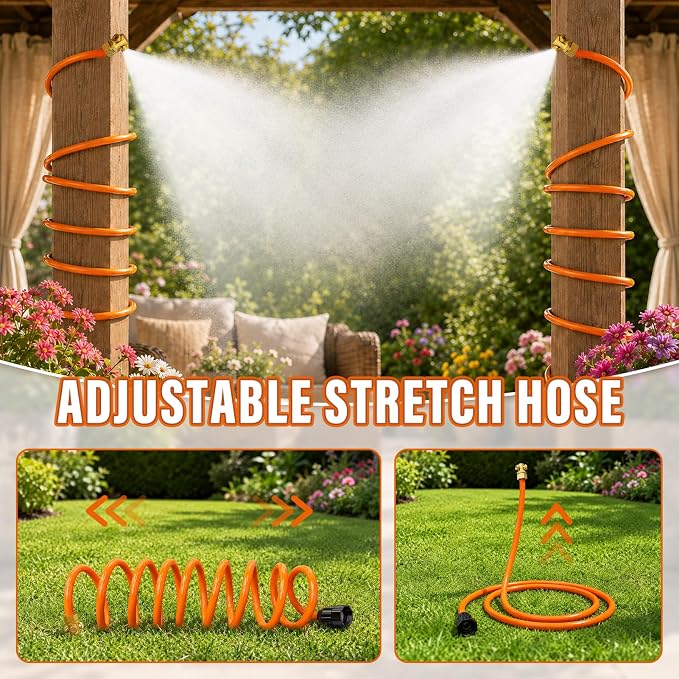 SPECILITE Misters for Outside Patio, 6.5 FT Hose Mister Cooling System, 360° Cover Outdoor Water Mist Kit with 6 Brass Nozzles and 4 Brass Plugs, for Garden, Backyard, BBQ, Pet, Chicken Coop (1 Pack)