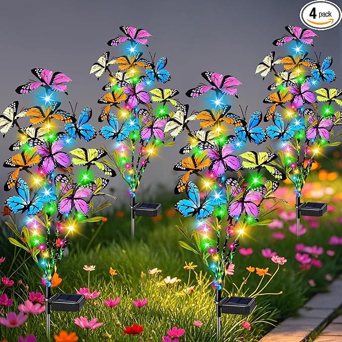 Solar Garden Lights Outdoor Waterproof Garden Decor, 4 Pack Upgraded 240 LED 54 Butterfly Colorful Outdoor Solar Decor for Yard Patio Gifts for Womens Mom