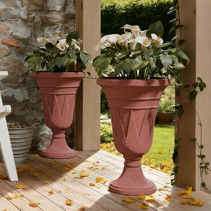 Tall Urn Planters for Outdoor Plants Set of 2-23.6" H Vintage Trophy Outdoor Planters for Porch Decor with Drainage Hole, Indoor Large Flower Pots, Pedestal Planter/Garden Vase, Brick Red