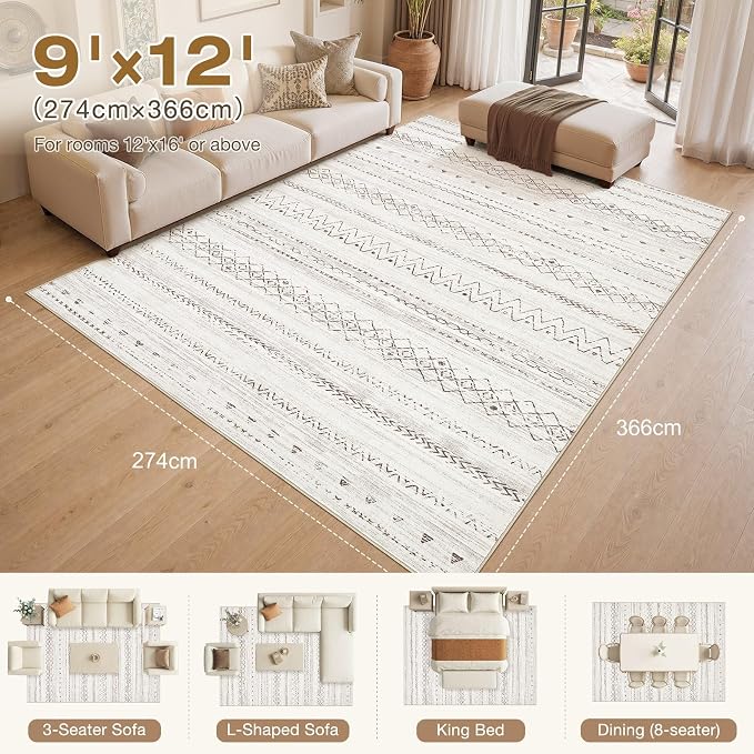 cotiled Boho 9x12 Area Rug for Living Room: Large Moroccan Washable Rug | Stain Resistan Carpet for Bedroom Farmhouse Dining Room Brown