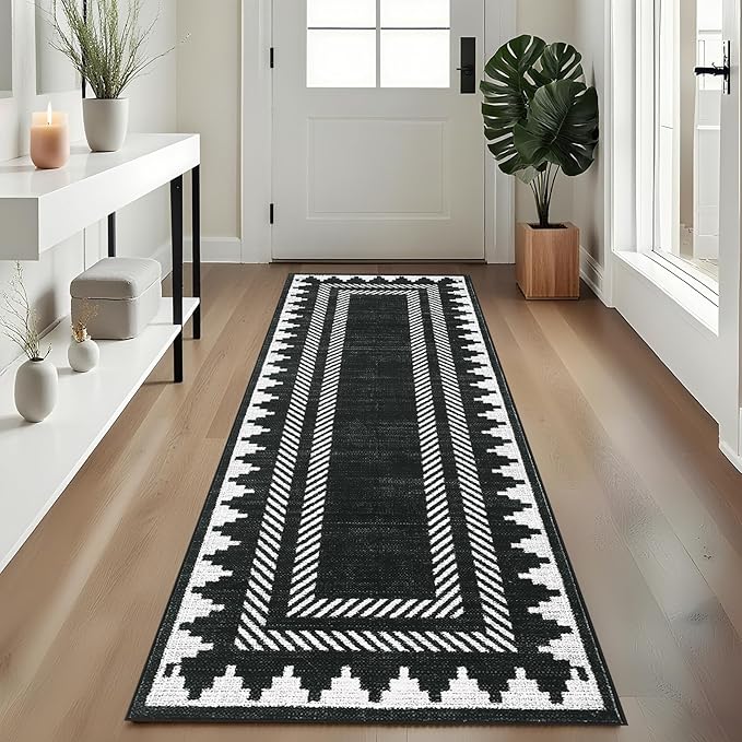 GarveeHome Modern Geometric Runner Rug 2x6 Washable Hallway Runner Rugs Black Unique Bordered Neutral Accent Rug Non Slip, Non Shedding Low Pile Kitchen Mat, Soft Low Pile Neutral Carpet for Laundry