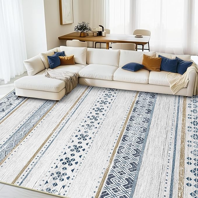 4x6 Washable Area Rugs for Living Room Boho Bedroom Rug Blue/Brown | Vacuum Friendly, Machine Washable, Non-Slip Rug, Stain Resistant, Moroccan Geometric, Low Pile Carpet, Dining Room Kitchen