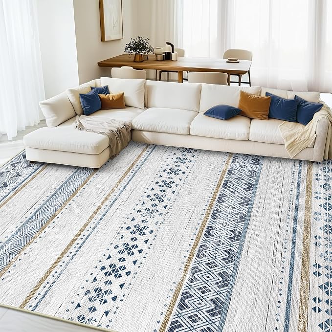 6x9 Washable Area Rugs for Living Room Boho Bedroom Rug Blue/Brown | Vacuum Friendly, Machine Washable, Non-Slip Rug, Stain Resistant, Moroccan Geometric, Low Pile Carpet, Dining Room Kitchen