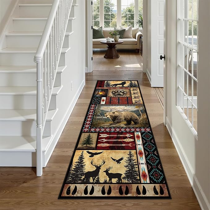 Cabin Runner Rug 2x6 for Hallway, Rustic Bear Area Rug, Western Decor Non-Slip Low-Pile Machine Washable Indoor Floor Carpet for Living Room Bathroom Kitchen Laundry Room