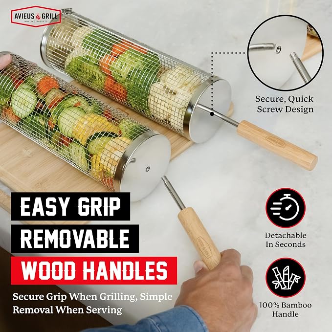 AVIEUS Grill Rolling Grill Basket | Rolling Grilling Baskets for Outdoor Grilling 2 Pcs | Barbecue Grill Set with BBQ Gloves | Portable Camping Net Rack Perfect for Vegetables, Seafood & Meat