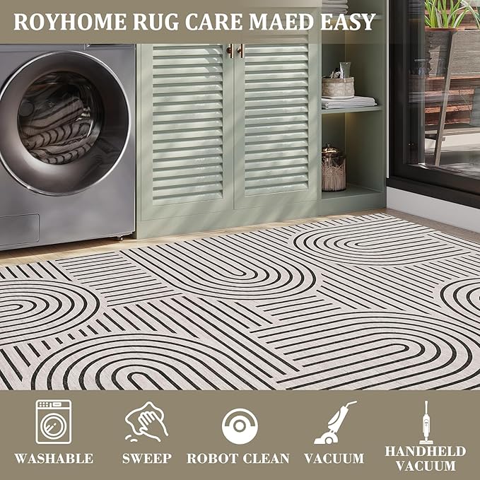 ROYHOME Modern Washable Rug Rainbow 3x5 Area Rugs for Living Room Non Slip | Abstract Rug for Bedroom, Throw Rugs with Rubber Back, Low Pile Stain Resistant Geometric Carpet for Playroom Dorm LightCamel