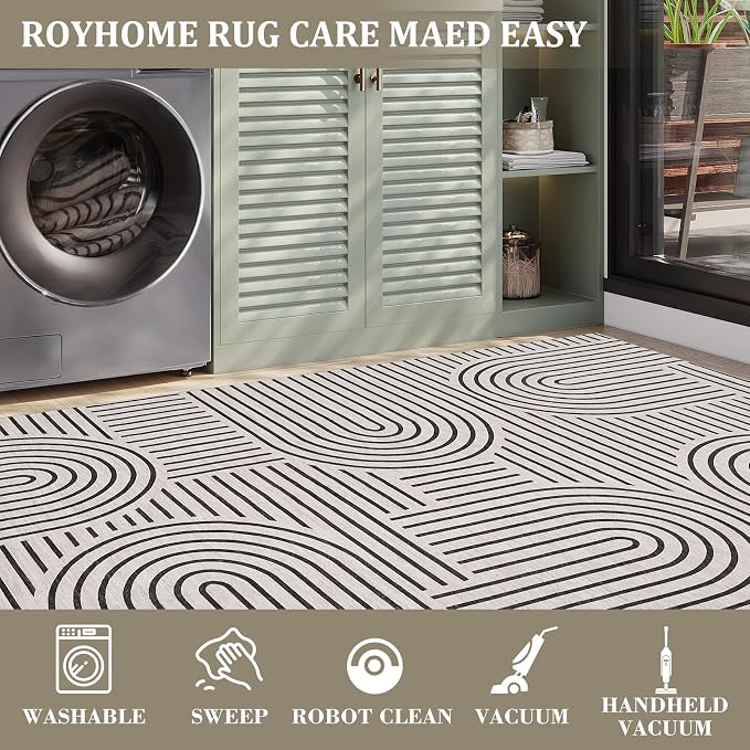 ROYHOME Modern Washable Rug Rainbow 10x13 Area Rugs for Living Room Nonslip | Abstract Rug for Bedroom, Throw Rugs with Rubber Back, Low Pile Stain Resistant Geometric Carpet for Dining Room, LightCamel