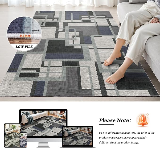 Pionblank Modern Geometric Area Rugs for Bedroom, Slate Blue 4x6 Rug | Blue Grey Patchwork Blocks Indoor Carpet for Living Room Dining Room Office | Soft Low-Pile Floor Rug | Abstract | Non-Slip