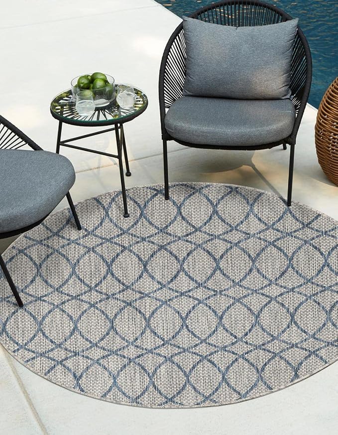 Unique Loom Outdoor Trellis Collection Area Rug - Gitter (3' 1" Round, Gray Blue)