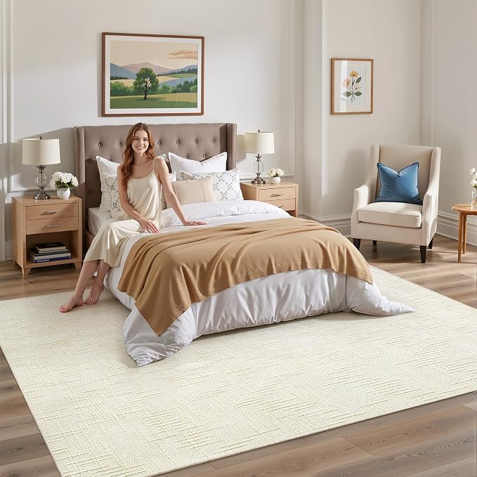 Valenrug Washable Rugs 5x7, High-Low Pile Area Rugs for Living Room, Ivory | Soft Fluffy Textured Design Non Slip & Lighweight, Folable, Stain Resistant Floor Carpet Rug for Bedroom, Dining Room, Office