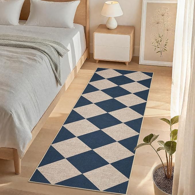 GarveeHome Easy Jute Rugs 2x8 Checkered Kitchen Runner Rugs Non Skid Washable Stain Resistant Indoor Outdoor Rugs for Living Room, Bedroom, Dining, Patio - Farmhouse Style Navy Blue