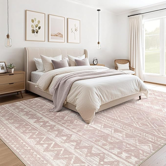 cotiled Boho 9x12 Area Rug for Living Room: Large Moroccan Washable Rug | Solve Modern Neutral Trendy Home Decor - Stain Resistan Carpet for Bedroom Farmhouse Dining Room Pink