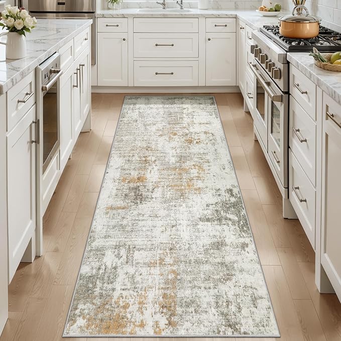 Tangsoo Modern 2x5 Washable Runner Rug, Abstract Runner Rug Non Slip | Contemporary Indoor Soft Low Pile Hallway Runner Rug, Print Accent Runners for Entryway Kitchen Bedroom Bathroom Beige Decor