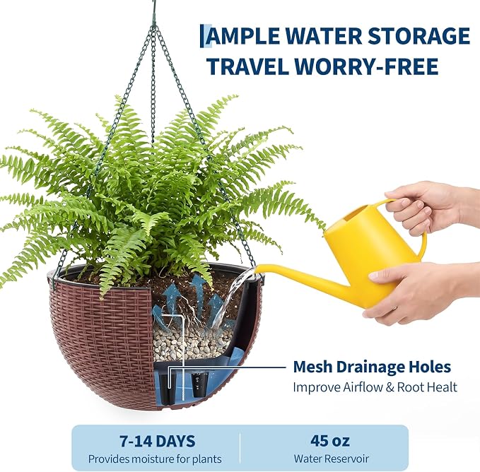 13.8 Inch Self Watering Hanging Planter, 4PCS Round Resin Hanging Basket for Indoor Outdoor Plants, Rattan Look Flower Pot with Drainage Plug, Deep Inner Pot and Sturdy Metal Triple-Chain Hanger
