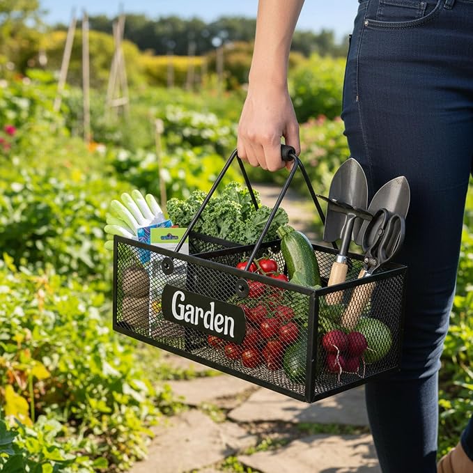 Garden Tool Storage, 4 Compartments Metal Mesh Garden Caddy, Portable Garden Basket with Handles, Gardening Tool Organizer for Indoor and Outdoor, Gardener Gift for Gardening Lovers, Black
