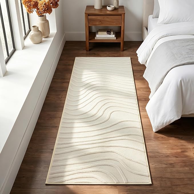 Etwel 2x6 Beige Modern Wavy Textured High-Low Pile Washable Runner Rug | Soft Carpet, Non-Slip PVC Backing, Low Profile, Kid and Pet Friendly, for Kitchen, Entryway, Hallway, Bedroom