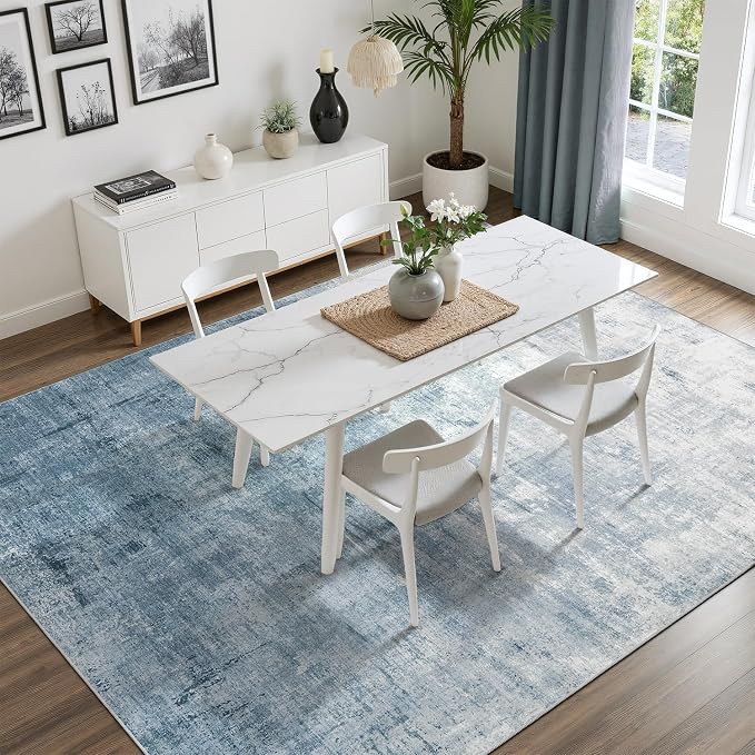 DCX Washable Abstract Area Rug 8x10, Non Slip Low Pile Rug, Blue | Easy to clean, non-shedding, soft, kid & pet friendly, with a non-slip rubber backing for living rooms, bedrooms, and offices