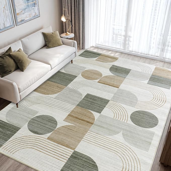 Soft Modern Geometric Abstract Large Machine Washable 10x14 Area Rug | Beige Rugs for Bedroom Living Room, Non-Shedding Faux Wool Indoor Throw Floor Carpet for Office Entryway Dining Room Decor