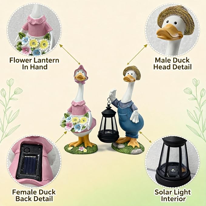 2 Pack Porch Goose Statues, 10 Inch Solar Powered Light Up Resin Garden Statues, Waterproof Outdoor Decor for Patio Lawn, Cute Duck Goose Figurine