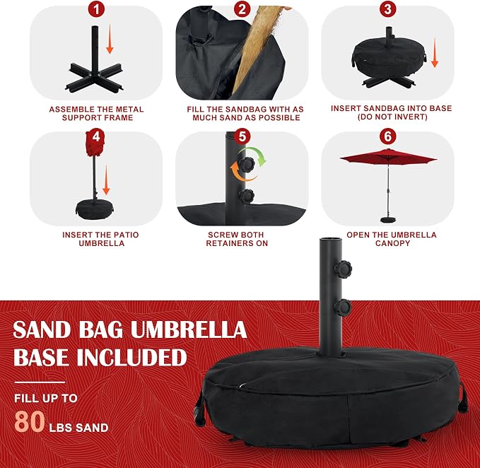 Sundale Outdoor Olefin 5-Year-Non-Fading Patio Umbrella with Sand Bag Base, Outdoor Umbrella with Tilt and Crank, Red