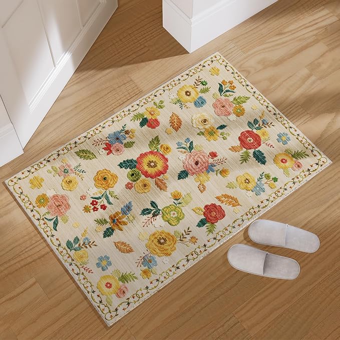 2x3 Small Area Rugs for Entryway: Washable Rug Non Slip Door Mat Indoor Entrance Faux Wool Soft Low Pile Floral Throw Rugs for Inside Front Door Floor Bedroom Kitchen Nursery Dorm Entry Home Office