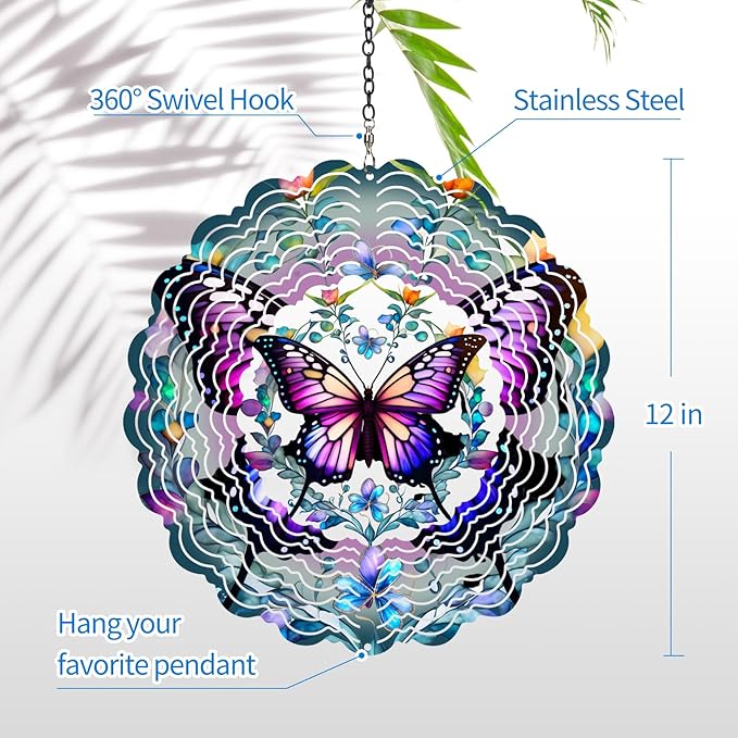 Wind Spinners Outdoor Butterfly -Birthday Gifts for Women Mom, Hanging Wind Sculptures Wind Spinners, 12 inch 3D Wind Spinner for Garden Decor for Outside, Garden, Patio, Yard