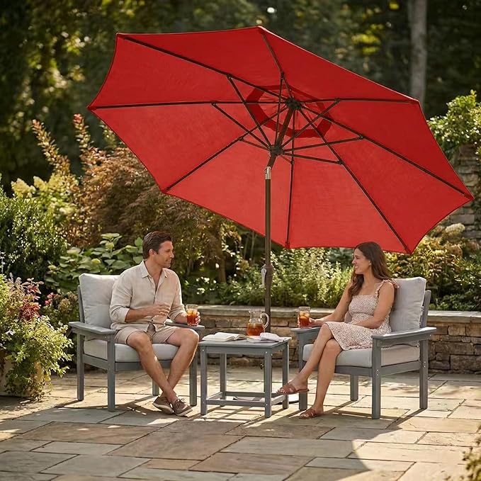Kingdura 10FT Outdoor Patio Umbrella, Round Market Table Umbrella with Push‑Button Tilt and Crank Lift, 8 Sturdy Metal Ribs, UV50+ Protection Canopy for Backyard, Lawn, Deck, Poolside, Garden (Red)