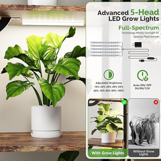 VINGLI Plant Stand Indoor with Grow Lights, 63" Tall 10-Tier Leaf-Shaped Metal Plant Shelf with 5 LED Light Strips, Large Tiered Indoor Plant Stands for Multiple Plants, Modern Decorative Plant Rack for Living Room Balcony, Black