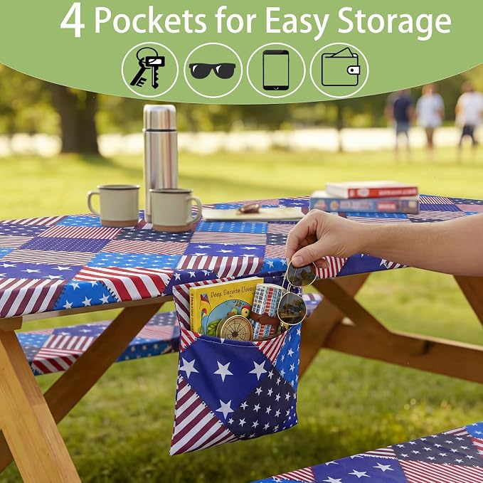 Fitted Waterproof Picnic Table Cover with Bench Covers Elastic 72×30Inch Weather Proof Non Slip Camping Table Clothes for 6Feet Rectangle Tables Campers Summer Fall Travel Hiking Tools Gifts