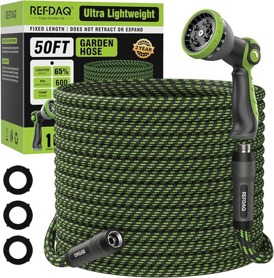 Garden Hose, Flexible Ultra Lightweight Durable, Kink-Free Water Hose with 10 Function Sprayer - Non-Shrinking, Easy to Store, All-Weather, High-Pressure (50FT)