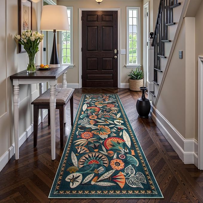 Zealude Boho Washable Green Bathroom Kitchen Runner Rug, 2x8 Egypt Hallway Entryway Rug Runner, Non Slip Botanical Floral Vintage Carpet for Entry Living Laundry Room (Dark Green, 2 x 8)