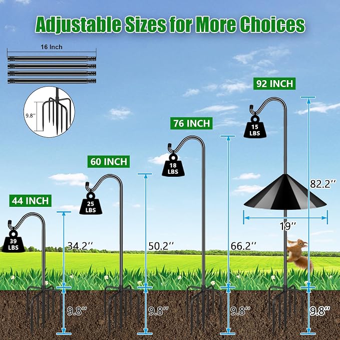 FEED GARDEN 92’’ Bird Feeder Pole Squirrel Proof 1 Pack, Adjustable Tall Shepherds Hooks for Outdoor with 7 Prongs Base, Heavy Duty Shepherd Hook with Baffles, Pole for Bird Feeder, Plant Baskets