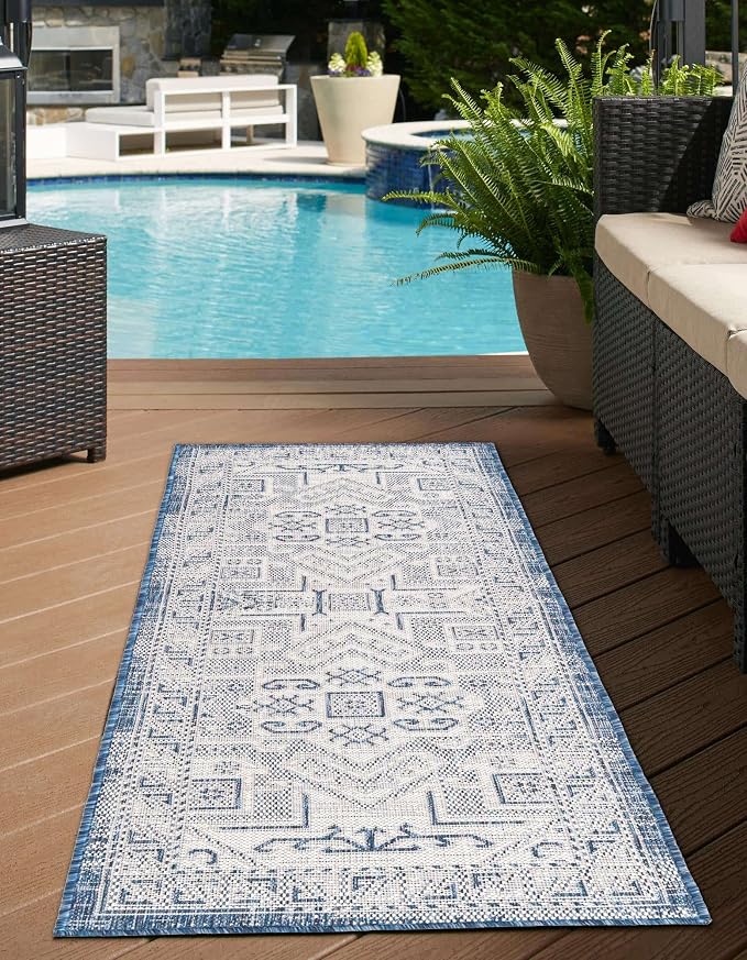 Unique Loom Outdoor Aztec Collection Area Rug - Coba (2' x 7' 10" Runner, Blue/ Ivory)