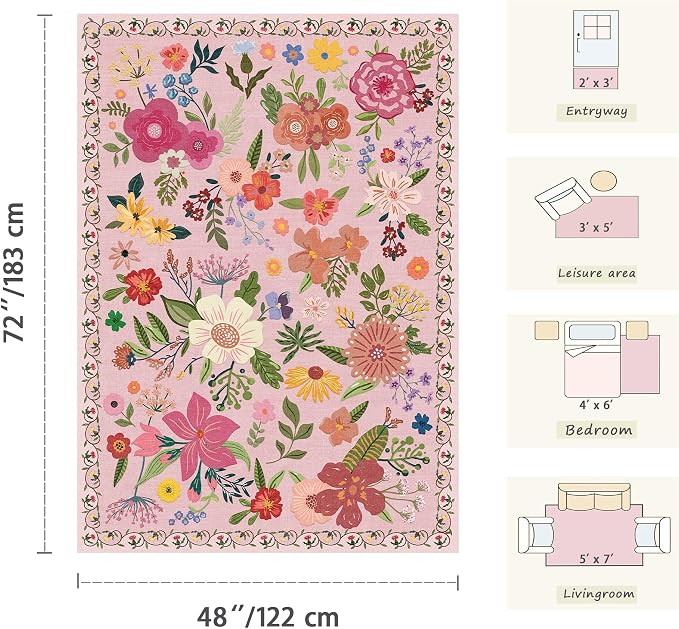 Latte&Fog Washable Pink 4x6 Area Rug for Entryway Cute Floral Rugs | for Girls Bedroom Dining Kitchen Kids Playroom Nursery Classroom Dorm Farmhouse Office, Non Slip Low Pile Soft Floral Carpet