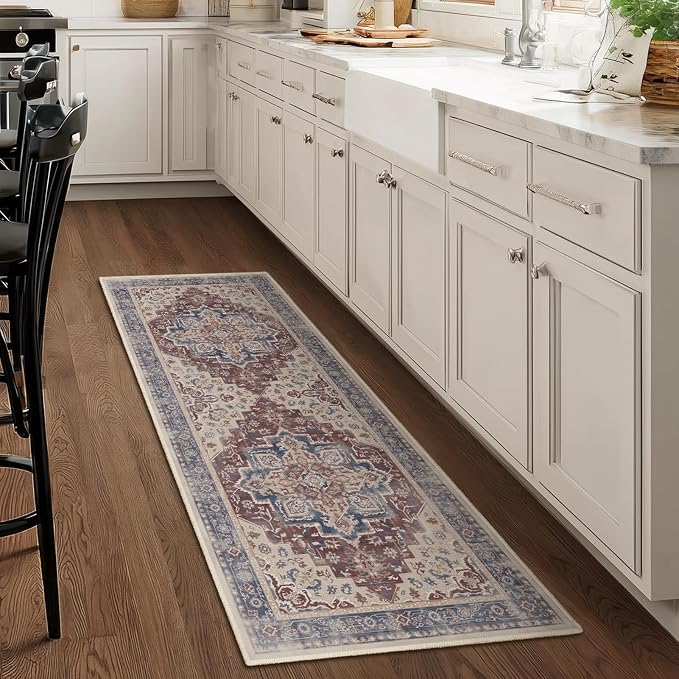 Maroon Blue 2x6 Hallway Runner Rug, Carpet Runners 6ft for Kitchen Non Slip Washable, Modern Vintage Floor Runner for Entryway Foyer, Medallion Rug Runner for Bathroom Bedroom Laundry Room