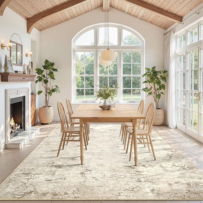 Toneed Washable 6x9 Beige Area Rug with Non-Slip Backing for Living Room | Abstract Modern Rugs, Soft Low Pile Carpet for Bedroom Kitchen Dining Room Nursery Indoor Floor Office Home Decor