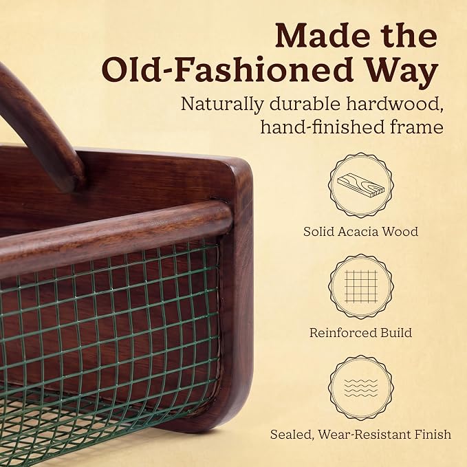 HOMESTEAD Garden Hod Harvest Basket, Durable Acacia Wood Frame with Rotating Handle, Farmhouse Basket for Home Improvement, Gardening, Farm, Kitchen, Indoor Outdoor Use, Brown