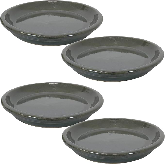 Sunnydaze 9-Inch Ceramic Plant Saucers - Plant Drip Trays for Outdoor Planter Flowerpot Drainage - Set of 4 - Gray