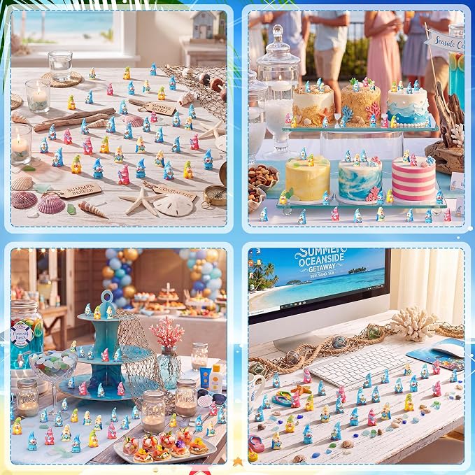 Yaomiao 60 Pcs Mini Summer Ocean Gnomes Figurines Summer Starfish Coral Shell Miniature Tiny Resin Statues Gnomes Figures Resin Gnome Decorations for Beach Hawaiian Party Favor Gift Tiered Tray Decor