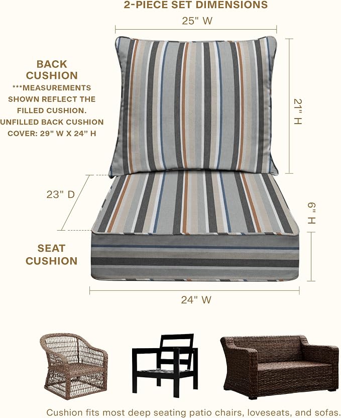 Honeycomb Outdoor Heritage Deep Seat, 24 x 23, Stripe Stone Beige Chair Cushion with Removable Cover, for Patio Furniture