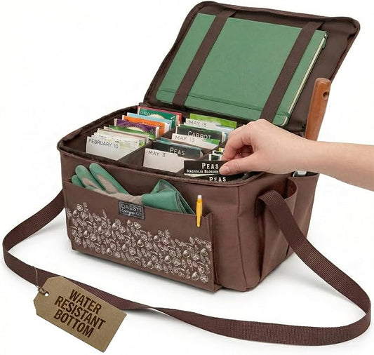 SEED STORAGE ORGANIZER TOTE BAG - Flexible Canvas Seed Organizer Holds 180 Seed Packets with Shoulder Strap, Side Pockets and 12 reusable Tabs for Gardeners | Water Resistant Bottom, Notebook Straps
