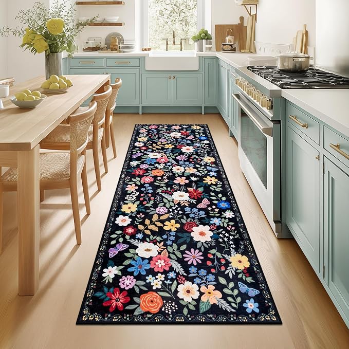 PLHXFR 2x5 Washable Runner Rug：Floral Indoor Kitchen Soft Carpet Black | For Hallway Bedroom Kitchen Laundry Bathroom Dorm,Vintage Floral,Machine washable,Non Slip,Stain Resistant,Indoor Floor