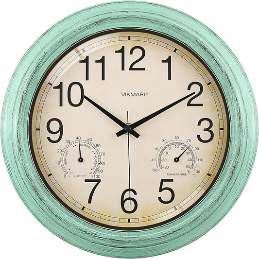 VIKMARI Indoor Outdoor Sealed Glass Clock Waterproof Silent Classic Quartz Clocks Thermometer and Hygrometer Combo Battery Operated Wall Clocks for Bathroom Patio Pool Wall Decor (12 Inch,Teal Green)
