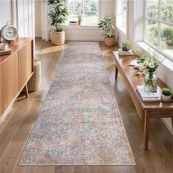 Tangsoo Abstract 2.6x10 Washable Runner Rug for Hallway,Runner Rug Non Slip | Modern Soft Low Pile Long Hallway Rug Runner, Contemporary Carpet Runners for Kitchen Bedroom Living Room Pink Multi Decor