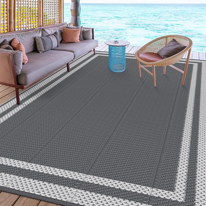 HappyTrends,Outdoor Rug,Patio Rug,Reversible Portable Plastic Straw Rug,Camping Rugs for Outside RV,Large Waterproof Area Rugs for Patio,Deck,Picnic,Porch,Balcony(6'x 9',White&Gray)