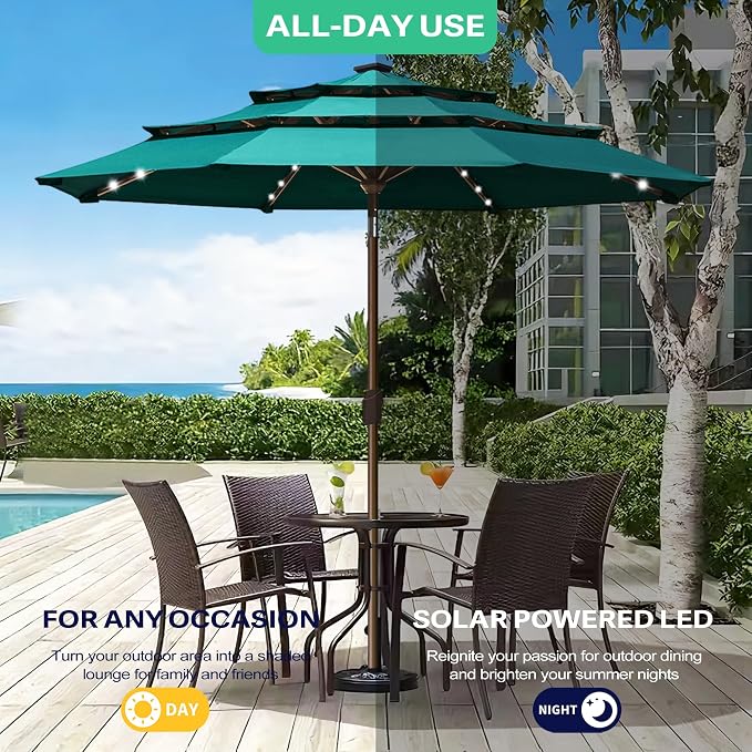 EliteShade USA 10-Year-Non-Fading 10ft 3-Tier Market Patio Umbrella, Commercial Table Umbrella with 80 Solar LED Lights, Crank Open, Windproof & UPF 50+ UV Protection for Garden, Deck, Pool, Backyard, Teal