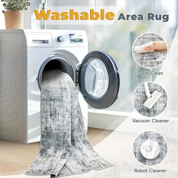 5x7 Area Rugs Washable Rug: Abstract Neutral Rugs Modern Non Slip Area Rug Stain Resistant Low Pile Indoor Carpet for Dining Room Bedroom Nursery Office (Multi Blue, 5'x7')