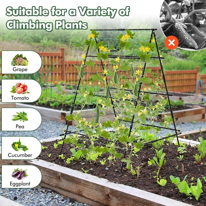 Garden Trellis for Climbing Plants Outdoor, A Frame Plant Trellis with Climbing Net, Coated Metal Poles, Twisted & Clips, Grape Trellis Plant Support for Vines, Vegetables, Fruit & Flower