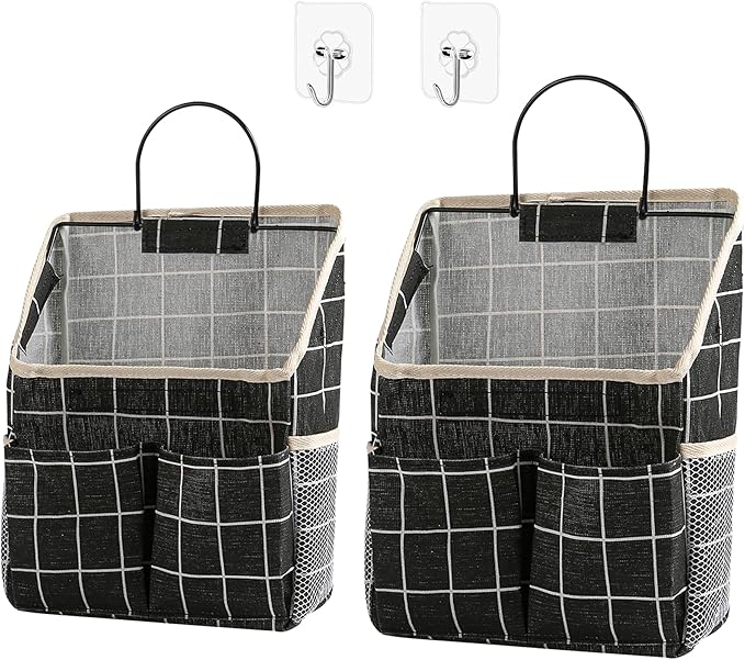 2pcs Wall Hanging Storage Bag,Wall Hanging Organizer Bags with Pockets, Wall Organizer Storage for Dormitory Bathroom Bedroom Kitchen(Black Grid), 0229-xmbsometeth